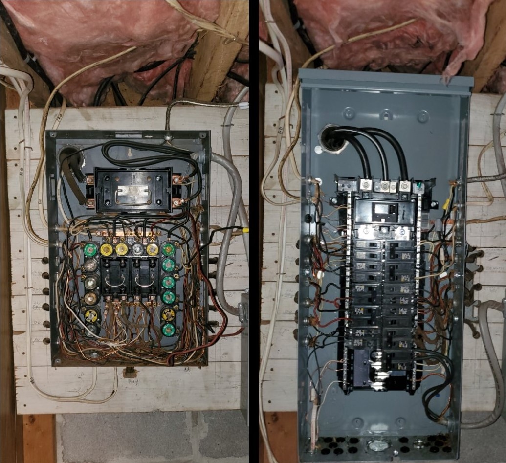 Side-by-side images of two electrical panels highlight the contrast between outdated wiring and fuses and a modern circuit breaker setup, expertly upgraded by a skilled electrician.