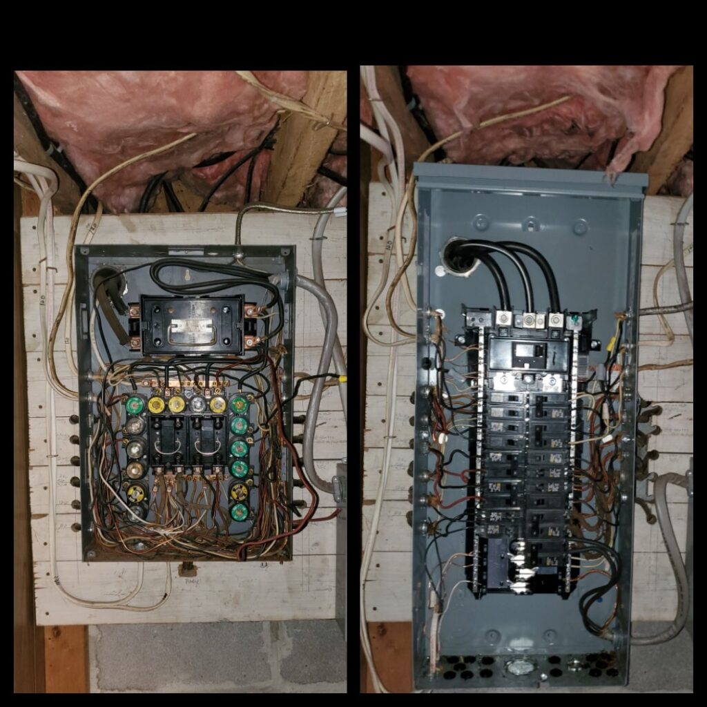 Two electrical panels side by side; left panel with visible fuses, right panel with circuit breakers and wires.